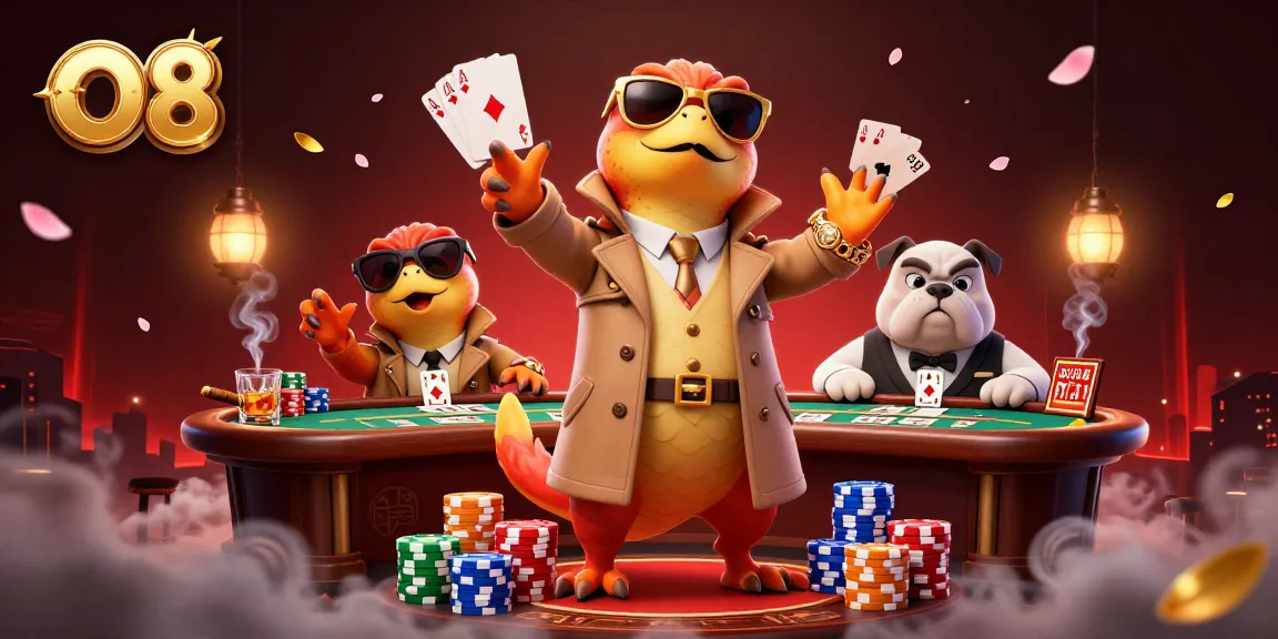 O8 raptors sneak into a VIP casino, showing poker excitement and dynamic gaming action.