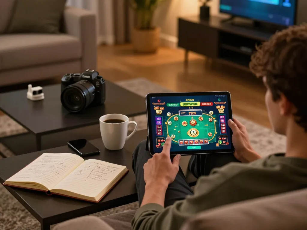 Sitting comfortably while playing SUNWIN LINK MỚI on a tablet in a cozy room.