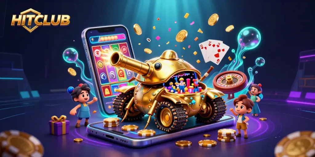 Experience thrilling gaming action with HITCLUB in a vibrant 3D casino scene filled with excitement.