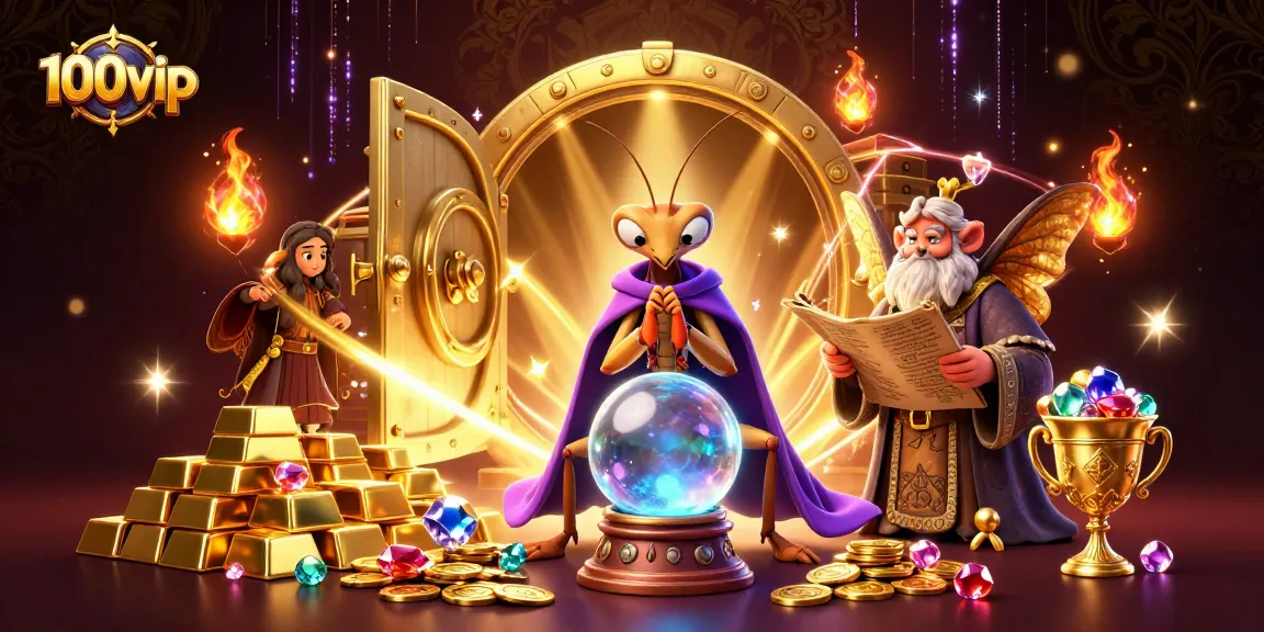 Engage with 100vip's lively casino atmosphere featuring a whimsical fortune teller and a knowledgeable librarian.