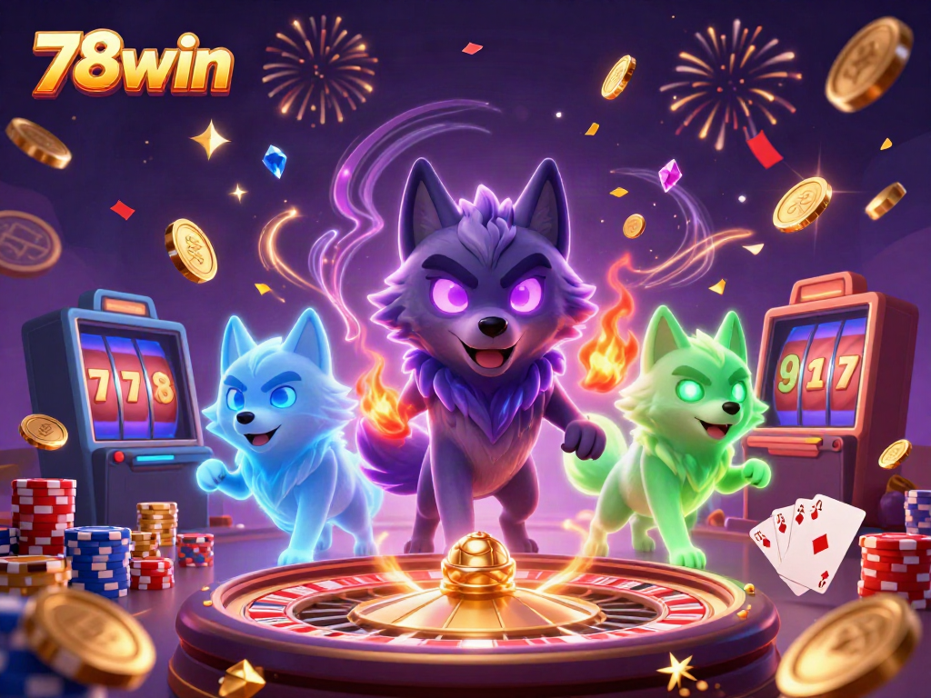 Experience thrilling excitement at 78win with a colorful casino scene featuring dynamic characters and elements.