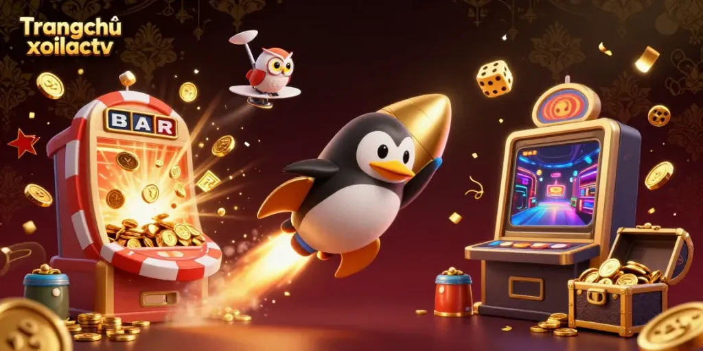 Watch the excitement unfold at Trang chủ xoilactv with a golden penguin racing through space toward a casino!