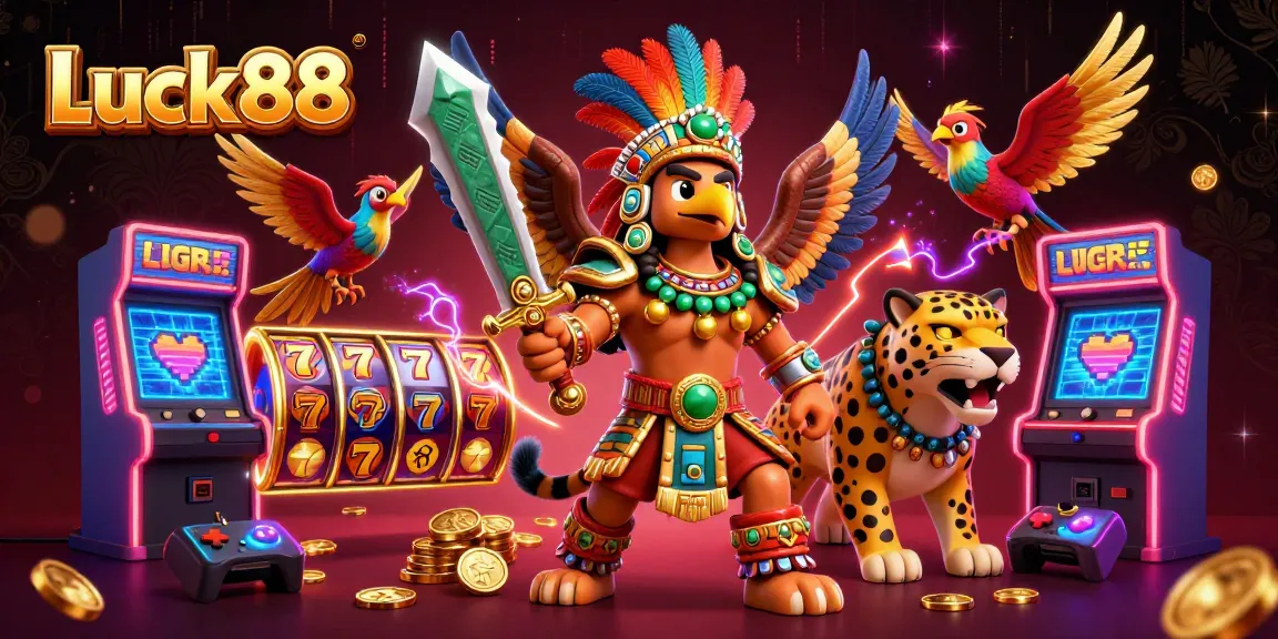 Spin and win with Luck88, showcasing colorful slot reels and vibrant characters in an exciting casino atmosphere.