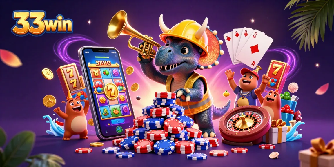 33win's exciting 3D casino scene with vibrant characters and slot game elements.
