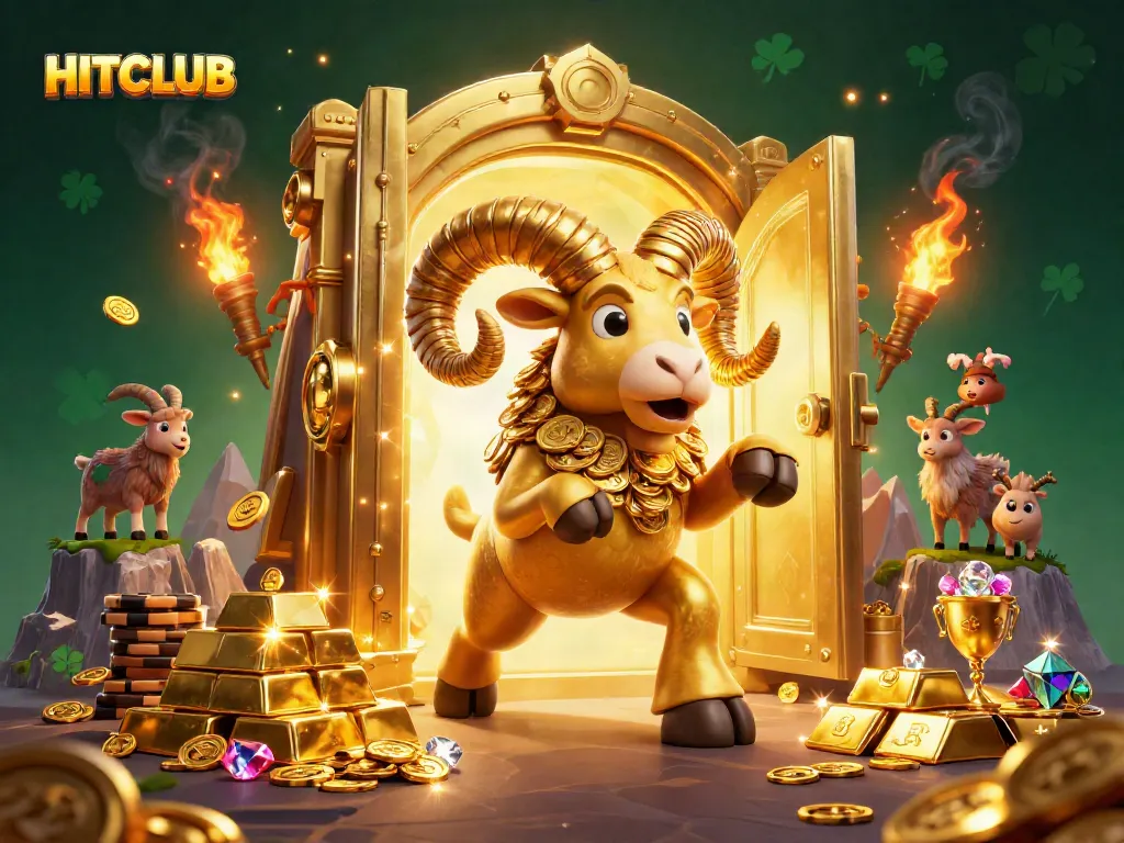 Engage in thrilling HITCLUB casino adventures with golden treasures and vibrant casino elements.