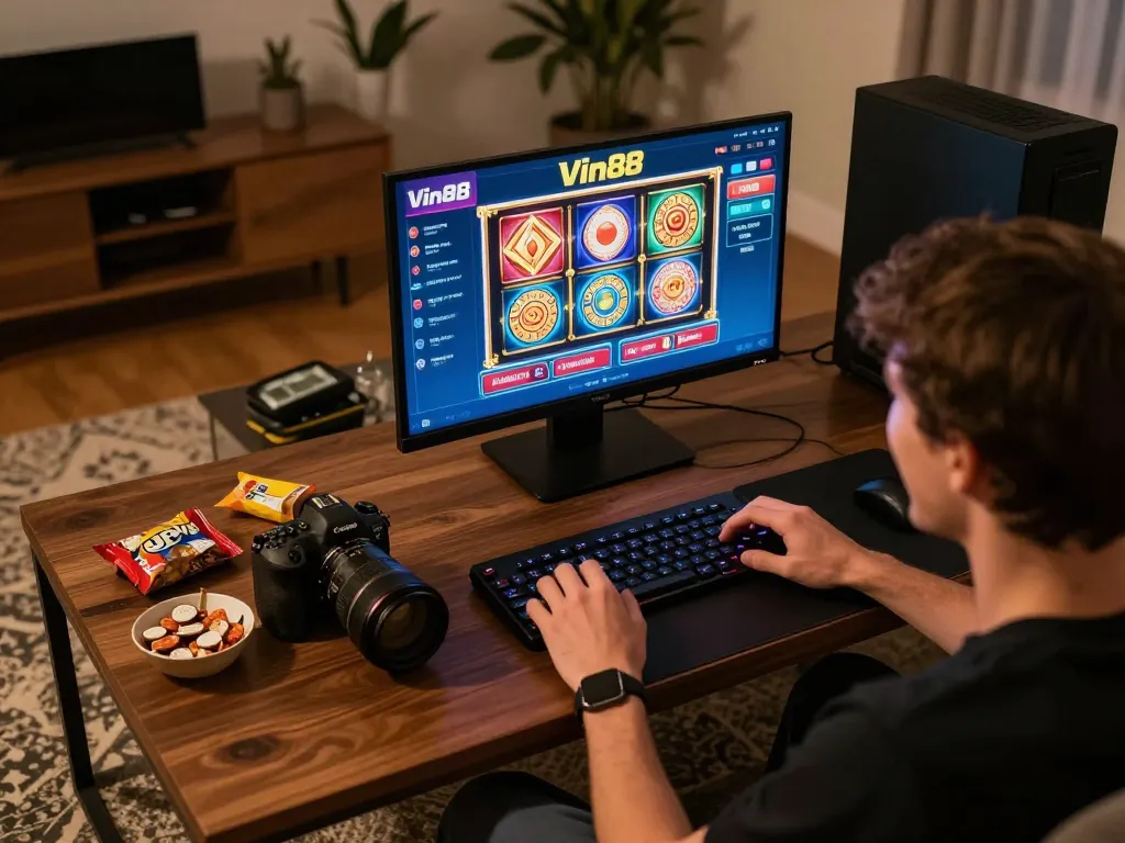 Engaging gameplay on Vin88 as player enthusiastically bets on an online slot machine from a cozy home setup.