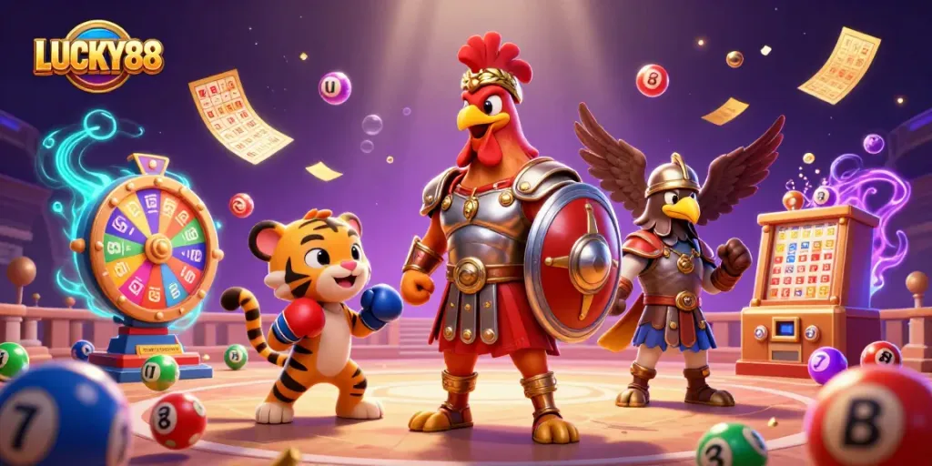 Experience LUCKY88 with a vibrant 3D casino scene featuring unique characters and dynamic gaming elements.