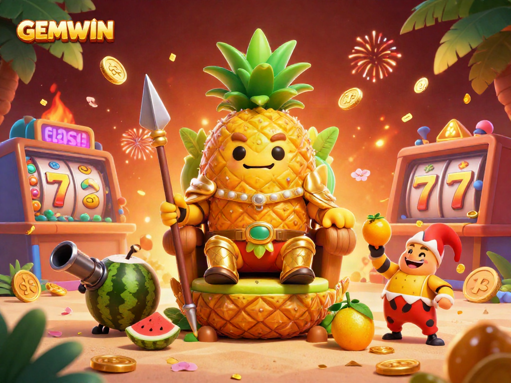 Experience GEMWIN with an opulent 3D casino scene featuring a golden pineapple king and dynamic game elements.