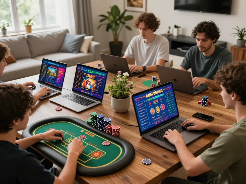 Players engaging in online gaming on laptops showcasing xin88 casino excitement and vibrant interfaces