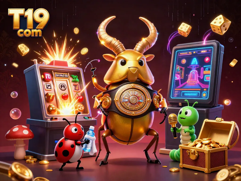 Engage with T19 com's vibrant atmosphere featuring an energetic 3D scene with a golden beetle and casino elements exploding with excitement.