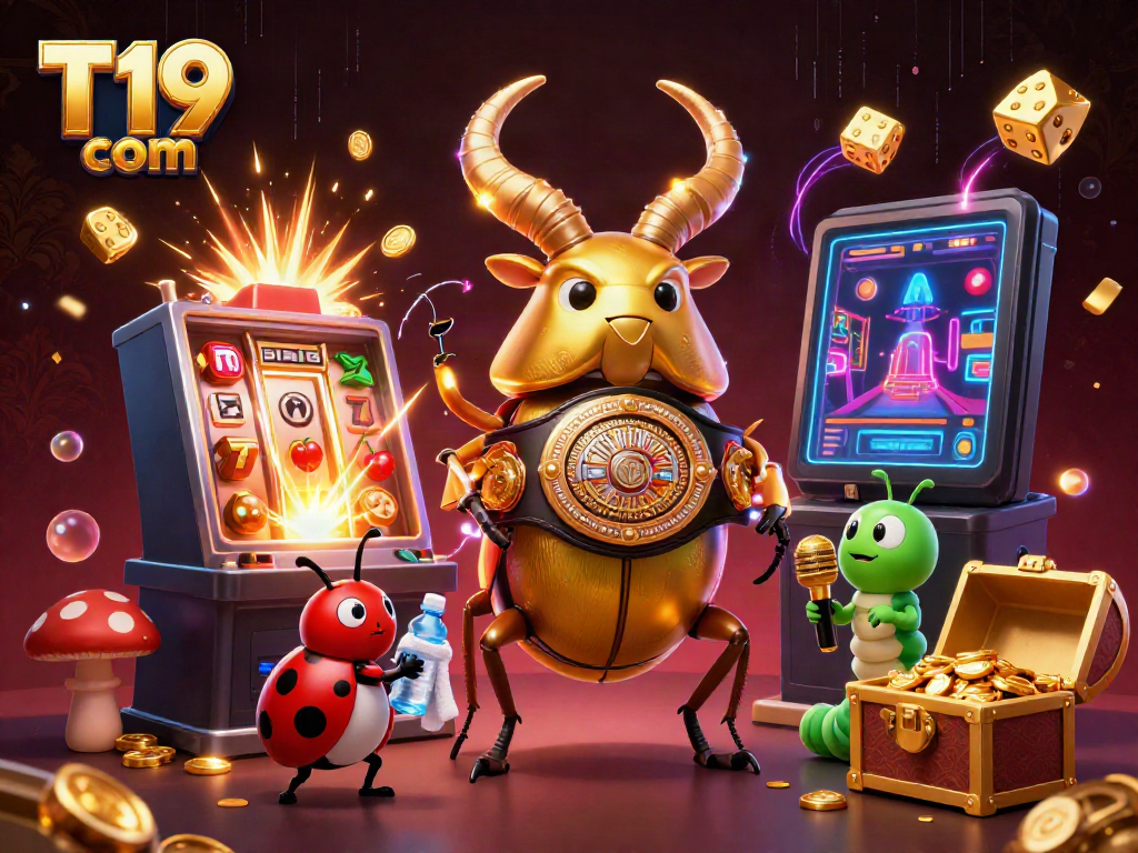 Engage with T19 com's vibrant atmosphere featuring an energetic 3D scene with a golden beetle and casino elements exploding with excitement.