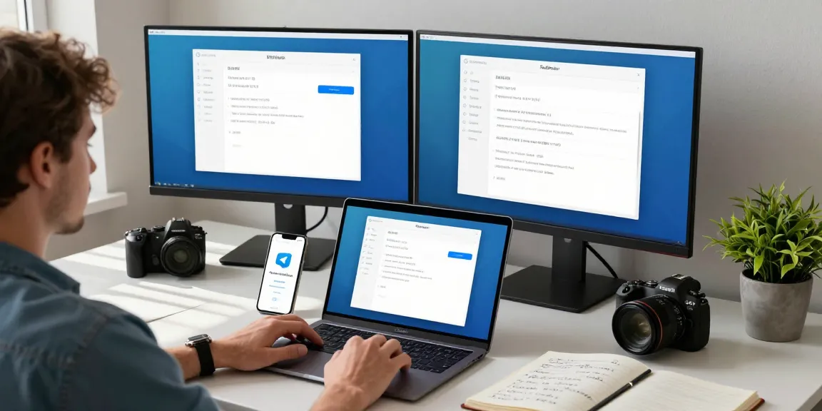 Customizing Telegram Chinese settings in a modern tech workspace with laptops and smartphones.
