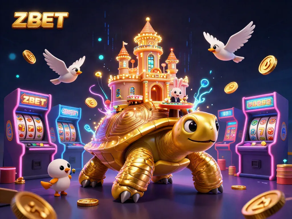 ZBET showcases a vibrant casino scene with a golden tortoise, a rabbit dealer, and flying coins.