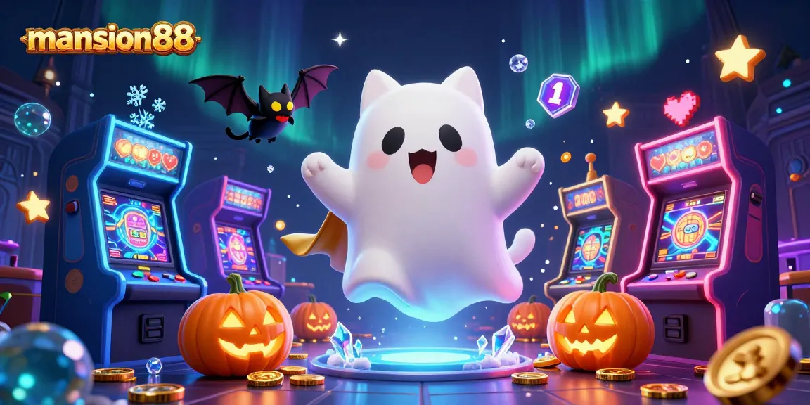 Engage in thrilling fun at mansion88 with a ghostly cat and vampire bat in a glowing casino scene.