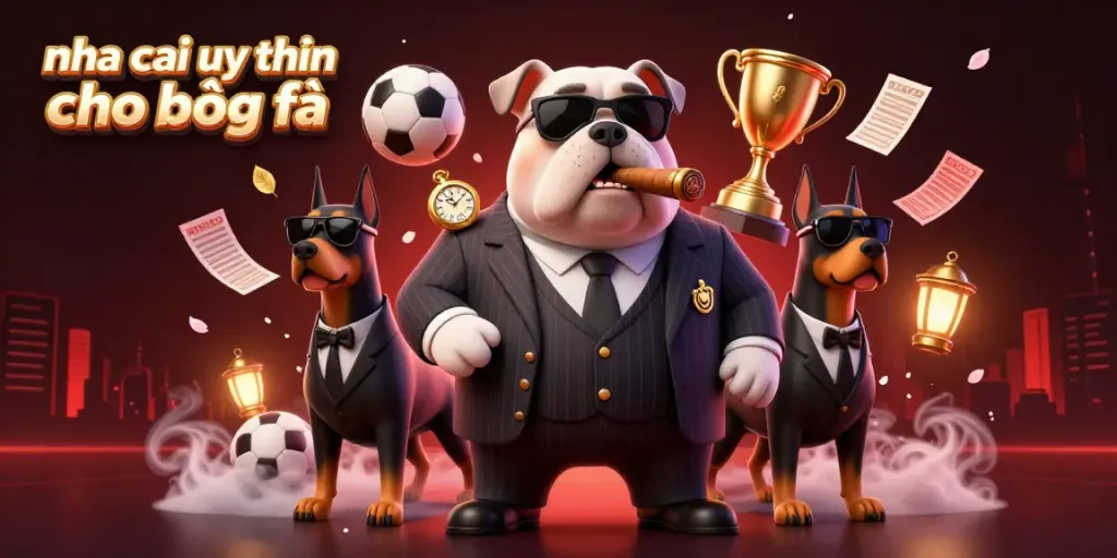 Engage with nha cai uy tin cho bóng đá featuring a mafia boss bulldog and sports betting elements in a rich 3D scene.