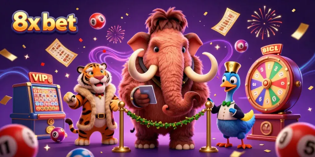 Experience the excitement of 8x bet with vibrant characters in a casino-themed illustration.