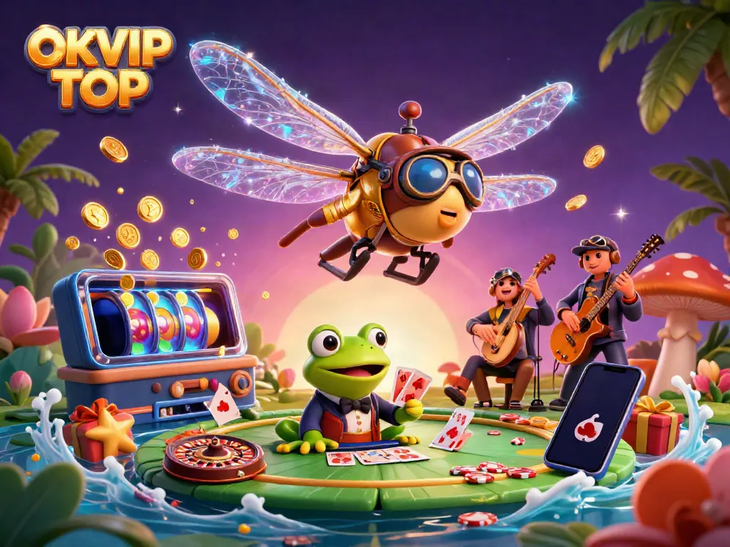 Engage with OKVIP TOP at a lively lily pad casino where a dragonfly pilot and frog croupier interact amidst colorful slot games and vibrant elements.
