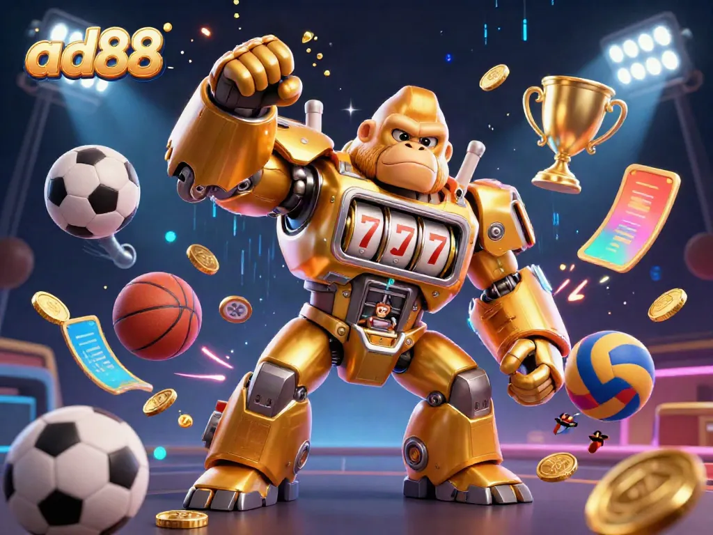 Experience excitement and fun with ad88 as a golden gorilla mech bursts into action amidst spinning reels and flying sports balls.