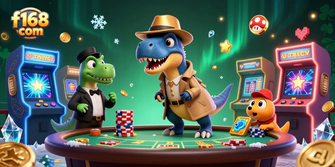 Join the fun scene at f168 com with a velociraptor and friends at the blackjack table!