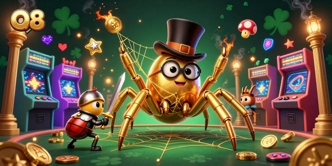 Experience the thrill of O8 with a golden tarantula weaving luck-filled webs in a vibrant casino setting.