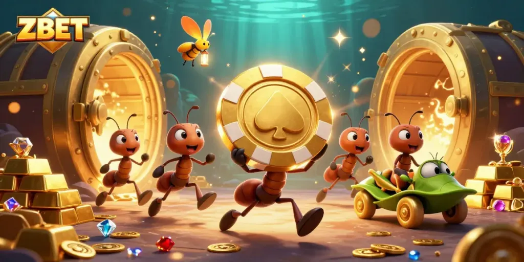 ZBET ants on a heist with a golden poker chip amidst gems and riches in a vibrant casino scene