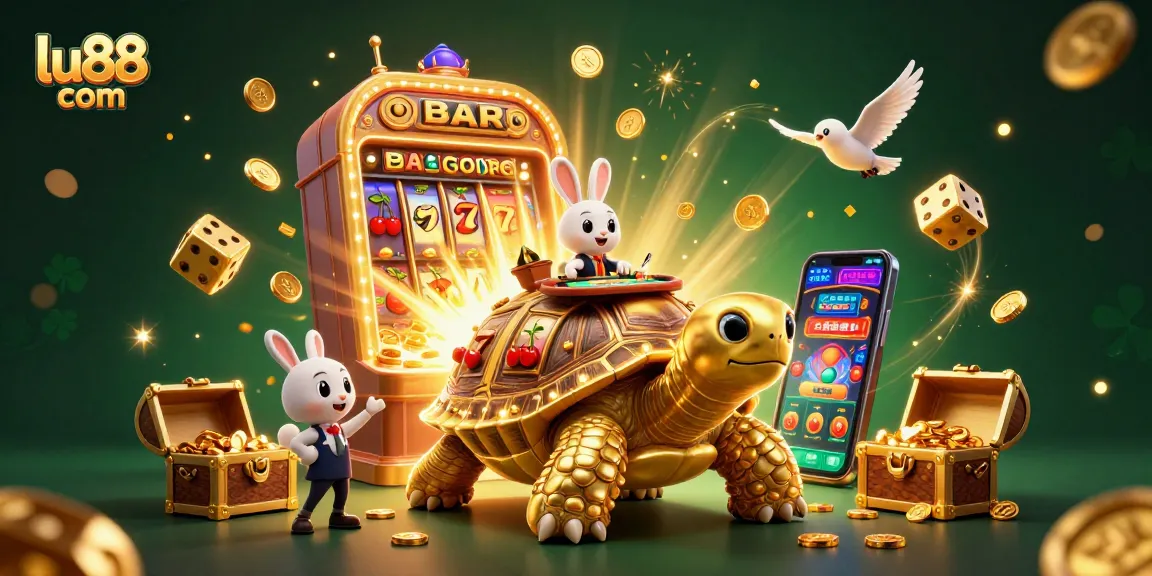 Engage with thrilling games at lu88 com featuring a golden tortoise casino scene bursting with excitement.