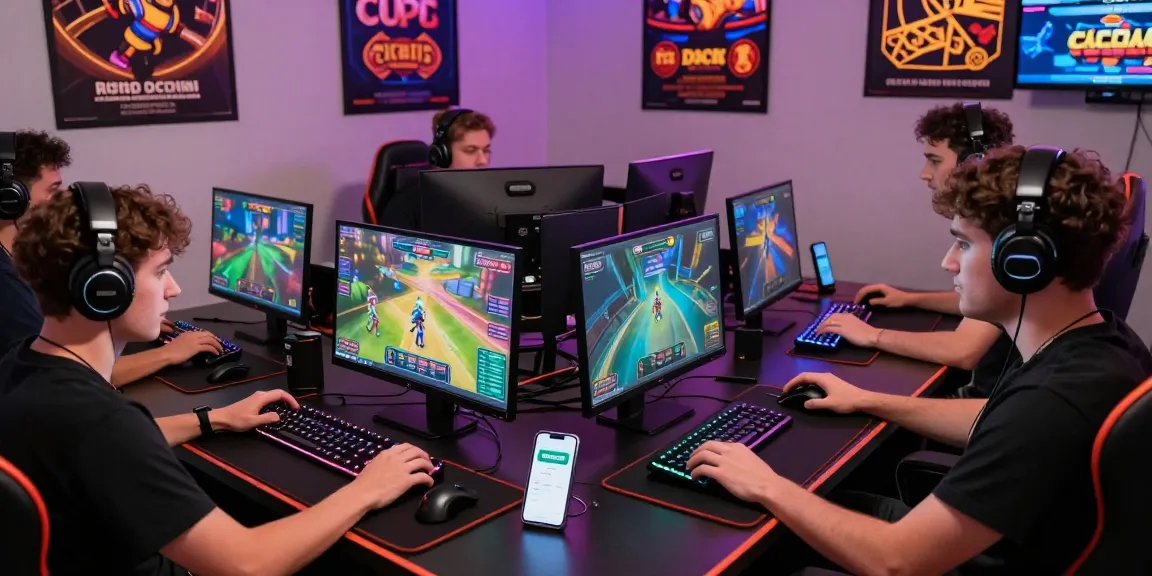 Spieler genießen ein fesselndes Online-Gaming in einem Paysafe Card Casino, mit bunten Bildschirmen und Spielezubehör.