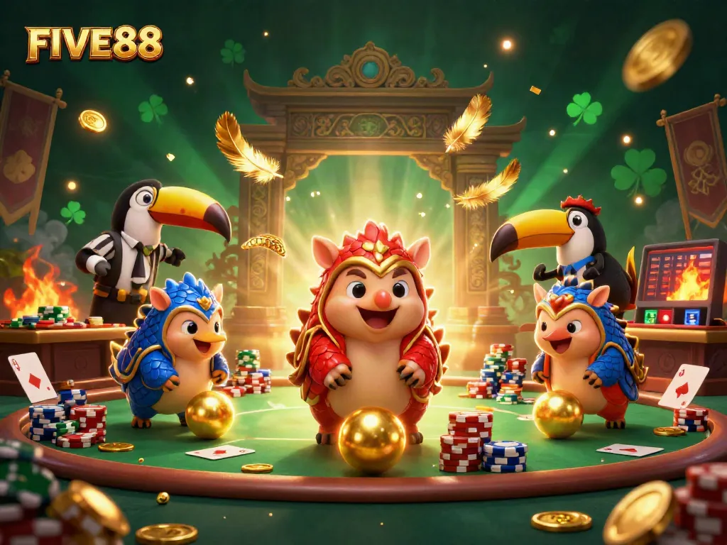 FIVE88 pangolins compete in a vibrant casino scene, rolling through poker chips in an entertaining showdown.