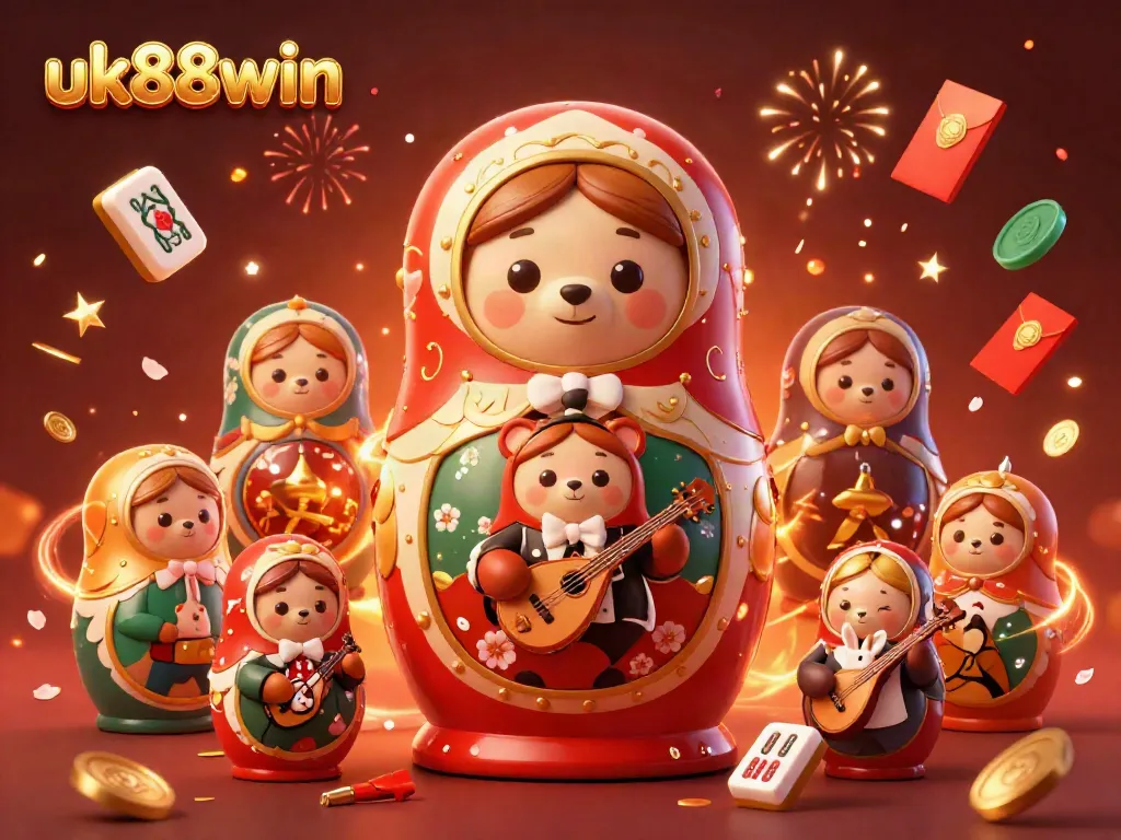 Experience winning strategies at uk88win with captivating 3D casino characters amidst sparkling celebrations and game symbols.