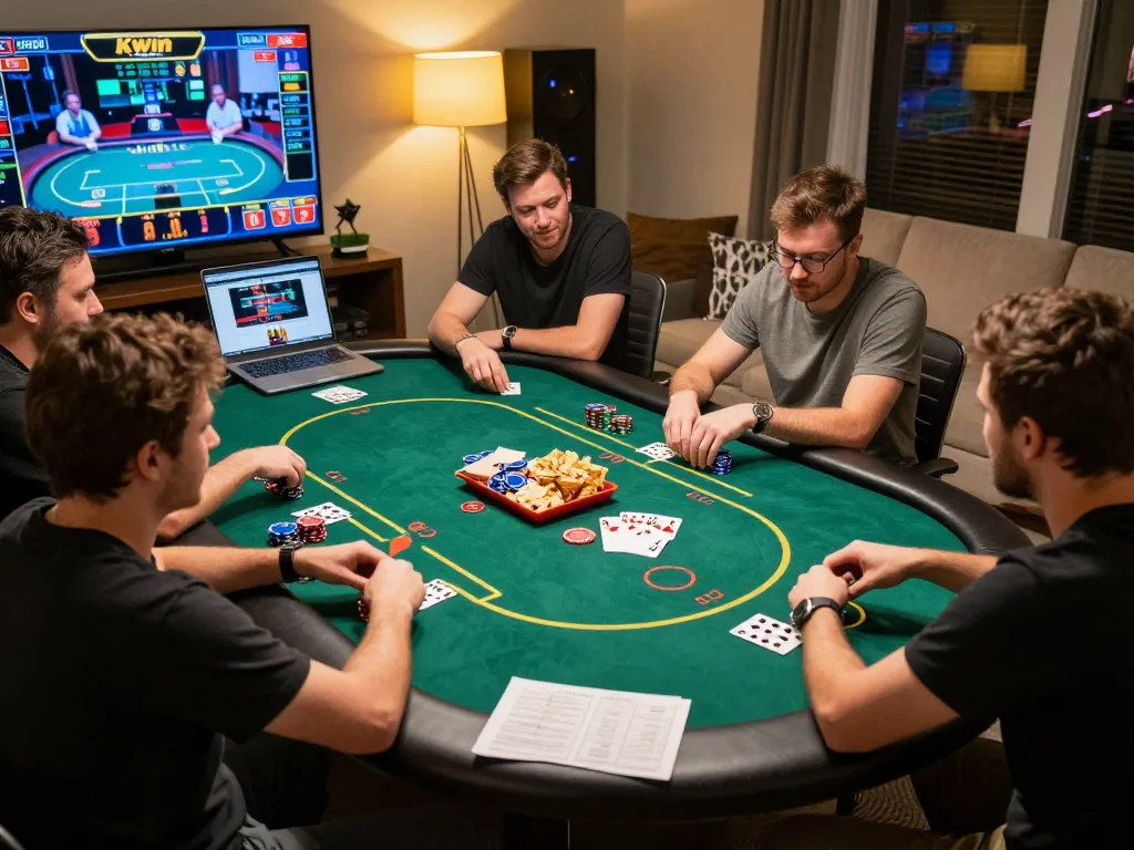 Players engaged in intense kwin poker game at home, showcasing online gambling excitement.
