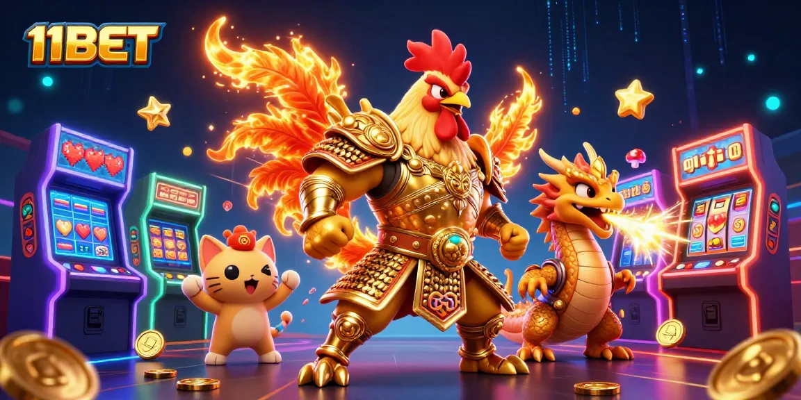 Experience thrilling gaming action with 11BET's vibrant cartoon scene featuring warriors and arcade elements.