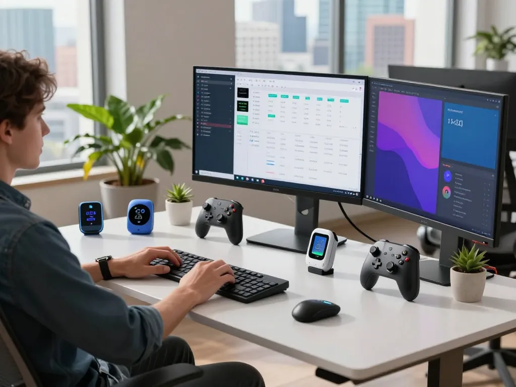 Innovative tech gadgets on a modern workspace desk highlighting productivity and creativity