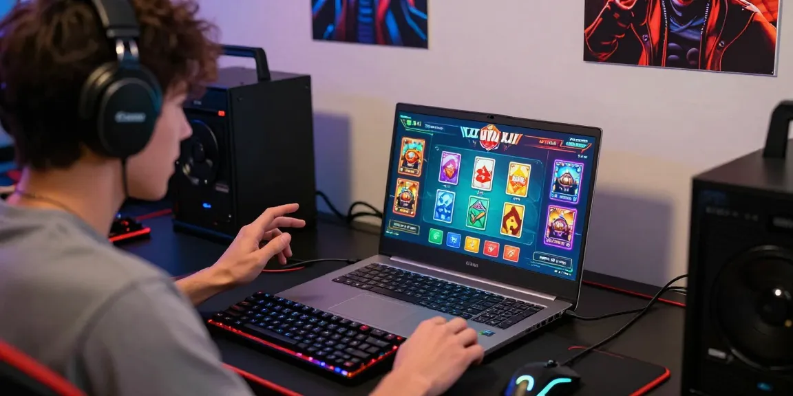 An excited gamer playing rikvip on a laptop in an immersive colorful gaming setup with vibrant graphics and accessories.