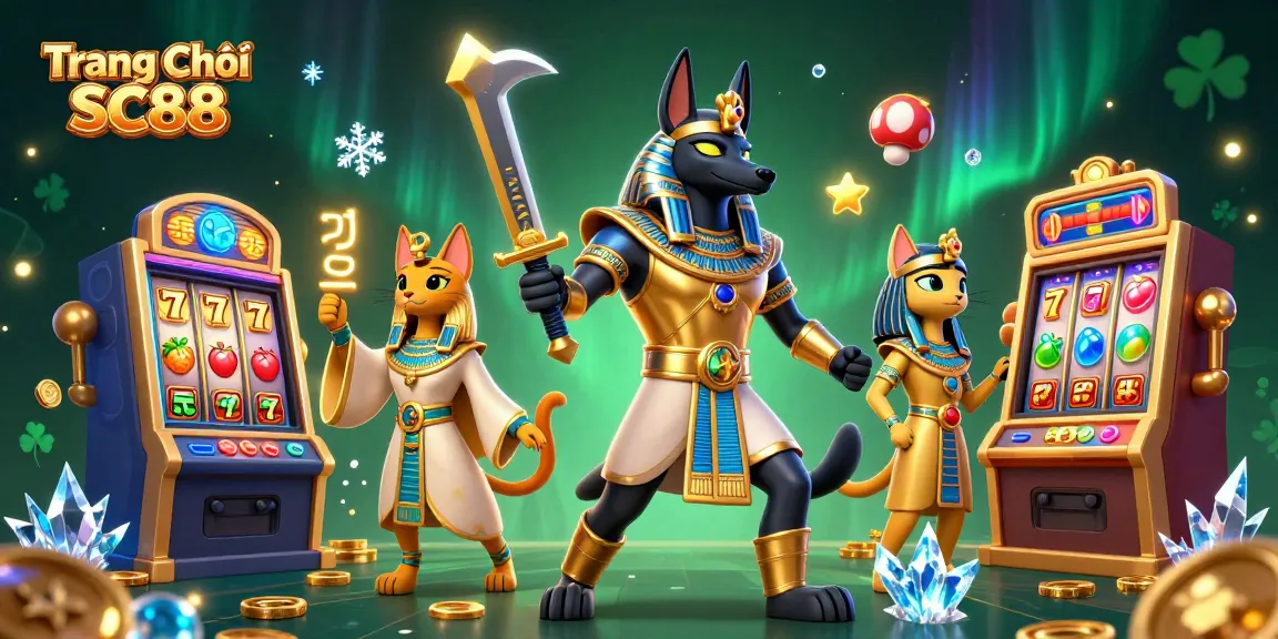 Play exciting slot games with Trang Chủ SC88 featuring Anubis and Bastet amidst gold coins and vibrant machines.