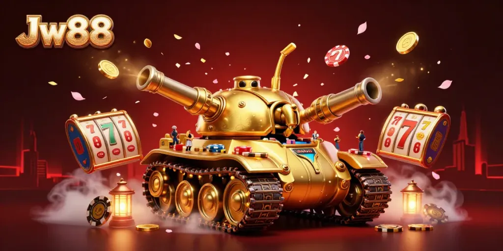 Experience the thrill of Jw88 with a captivating 3D casino illustration showcasing a golden beetle tank and vibrant slot reels.