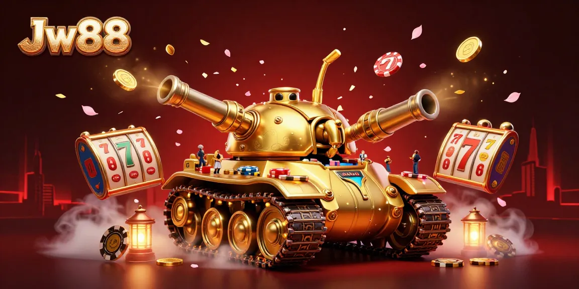 Experience the thrill of Jw88 with a captivating 3D casino illustration showcasing a golden beetle tank and vibrant slot reels.
