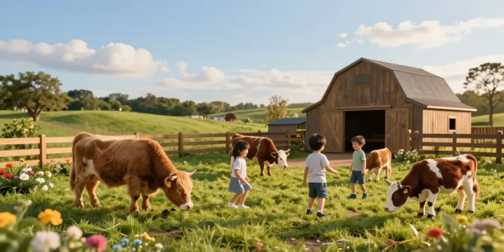Mini cows for sale in Florida, including Mini Highland and Mini Hereford, enjoying a family-friendly farm experience.