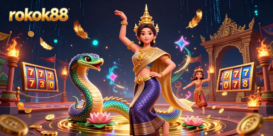 Engage with the vibrant elements of rokok88 as a graceful Thai dancer and Naga serpent celebrate casino excitement.