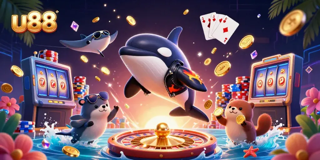 Engaging scene depicting the lively gaming atmosphere at u88 with characters celebrating wins amid golden coins and gems.
