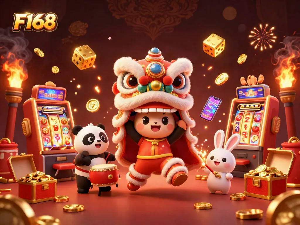 Spin the slots at F168 and enjoy a vibrant casino scene with jackpots and lively characters.