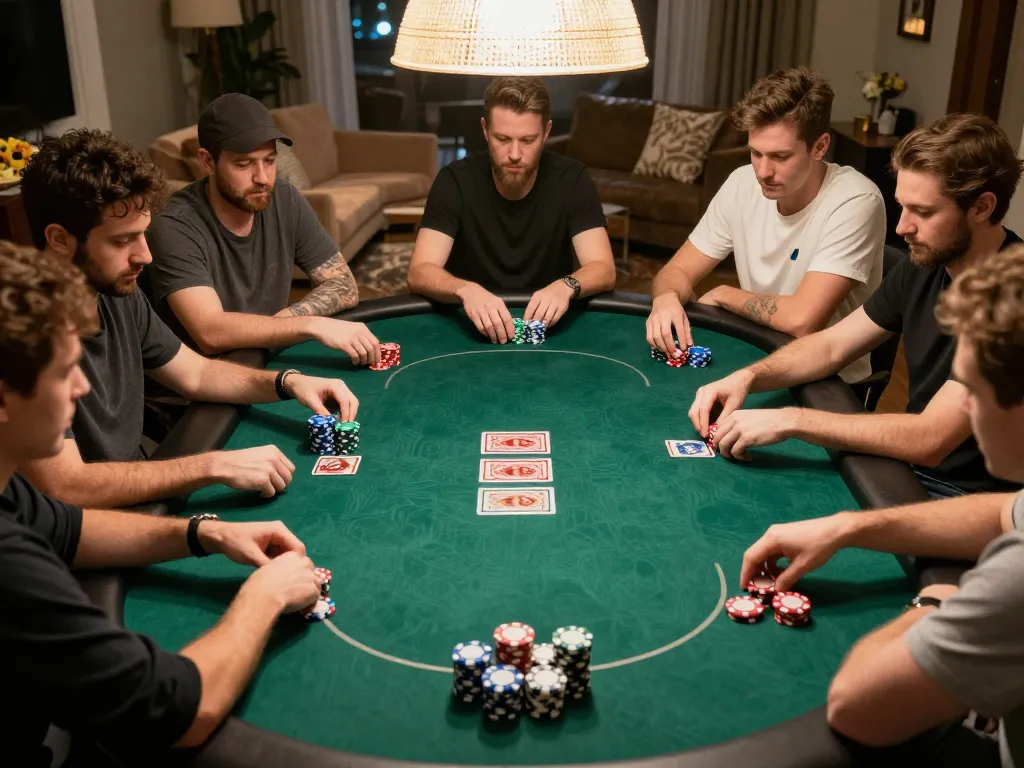 vin88 players enjoying a strategic poker game at home with vibrant chips and community cards