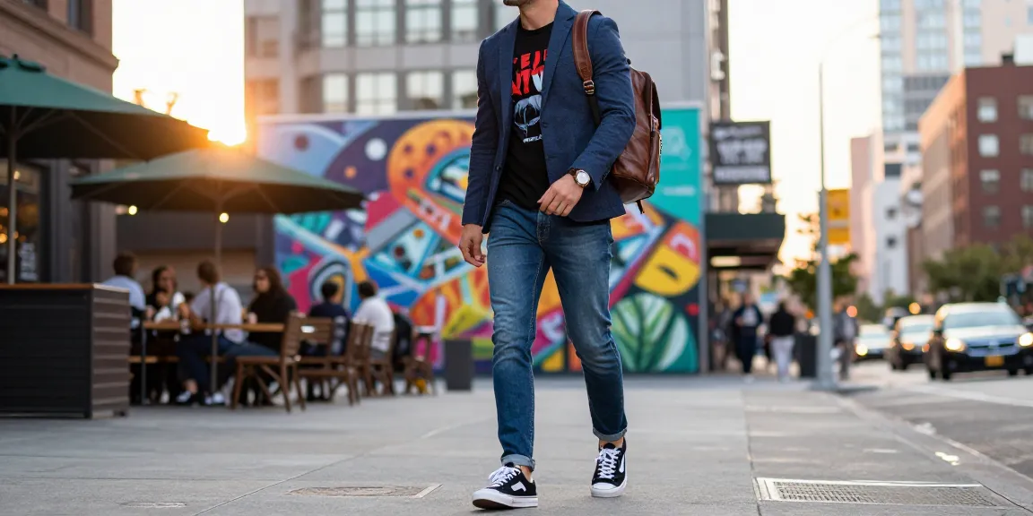 Men's fashion scene with a stylish man in trendy outfit walking down a vibrant city street.