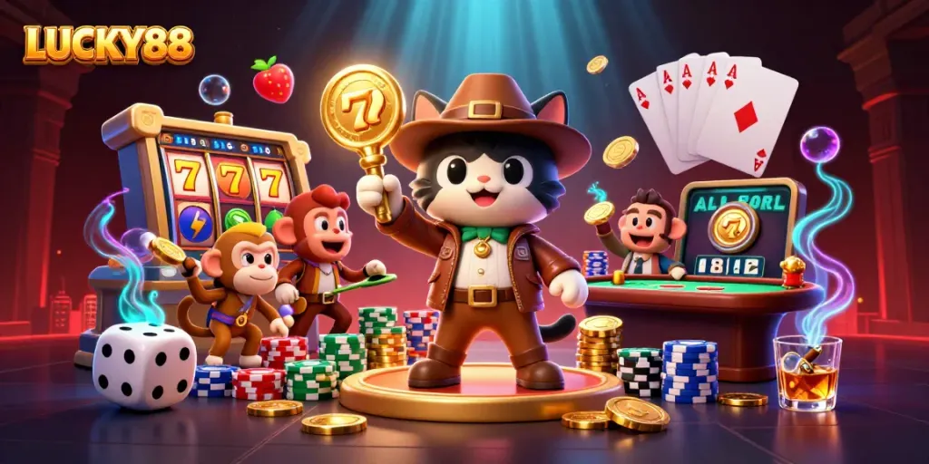 Play LUCKY88 slot with dynamic characters and vibrant casino elements in a colorful adventure.
