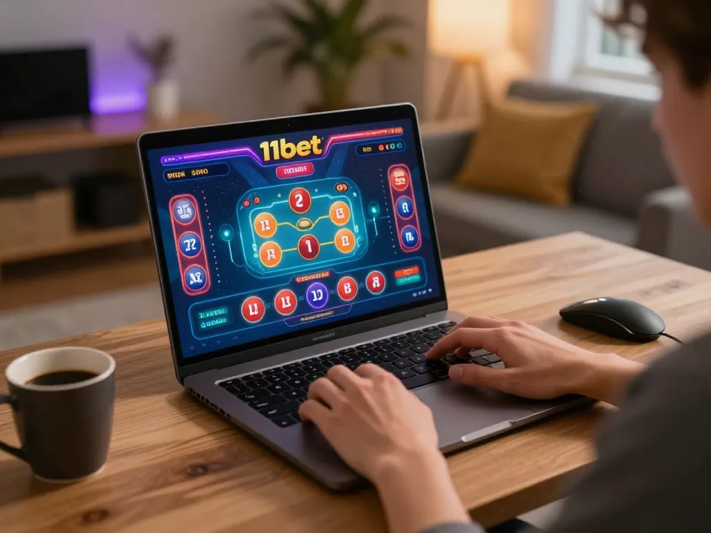 Engage with 11bet's online casino platform while placing strategic bets in a cozy home setup