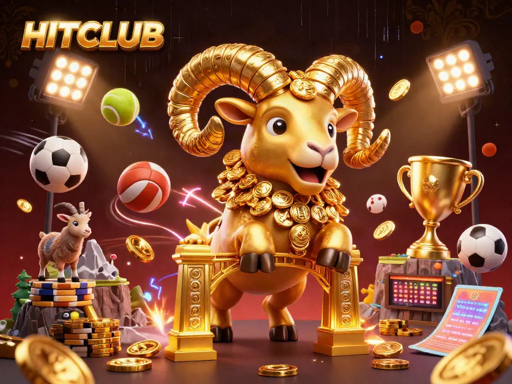 Spin the HITCLUB jackpot with dynamic sports elements and a golden ram in action.