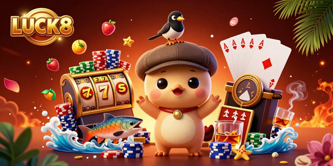 LUCK8 slot game action with charming Nessie, playful magpie, and vibrant elements.