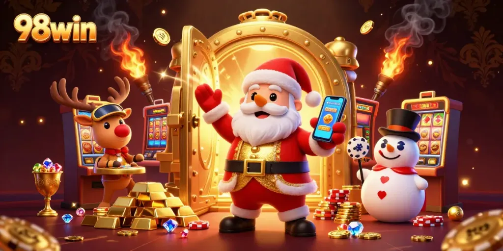 Santa Claus slots game action with 98win smartphone jackpot excitement, vibrant casino illustration.