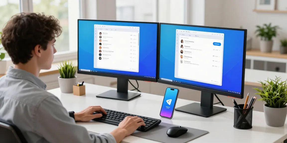 Engaging workspace showcasing Telegram Download on dual monitors in a modern home office.