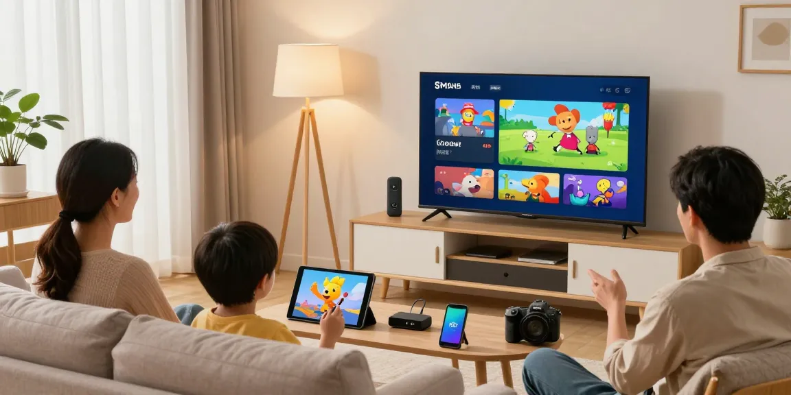 Family enjoying IPTV streaming together in a cozy living room with Smart TV