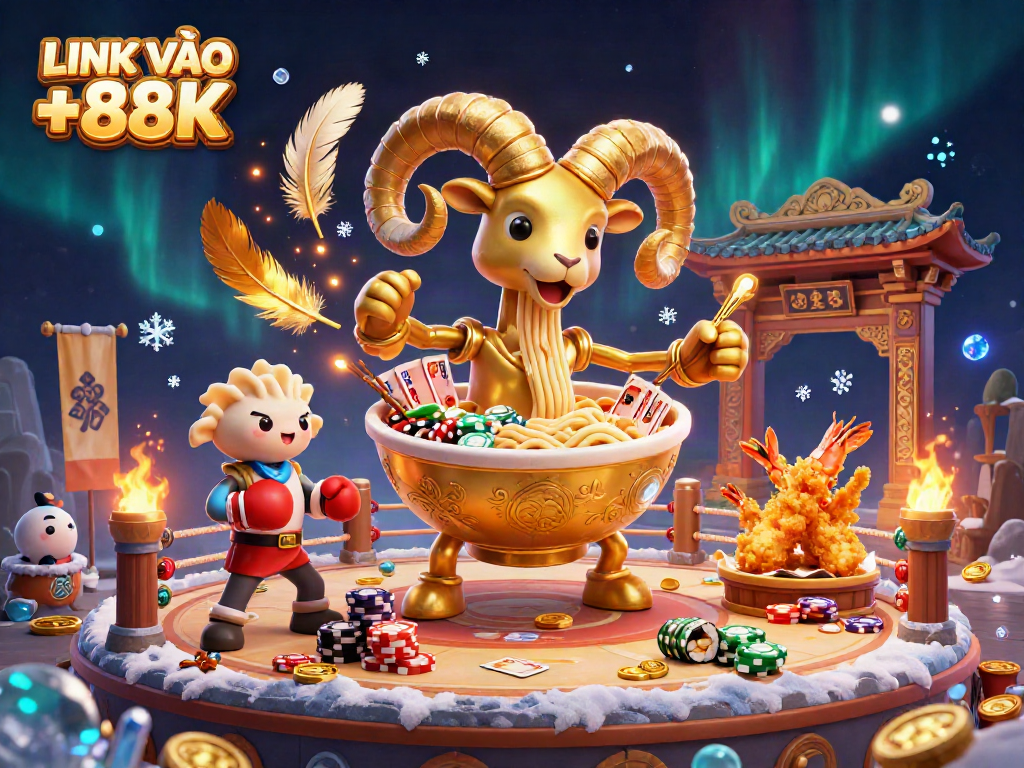 Experience LINK VÀO AU88 +88K with a giant ramen bowl and colorful characters in a vibrant casino scene.